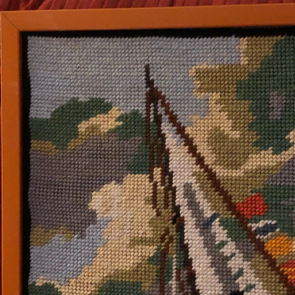 Handcrafted Sailboat Needlepoint Wall Art in Blue and Cream GORGEOUS